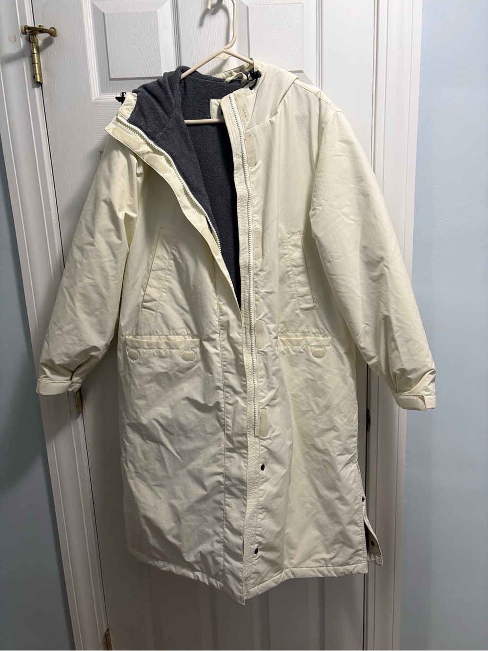 Lands' End Cream Hooded Puffer Coat with Dark Gray Lining